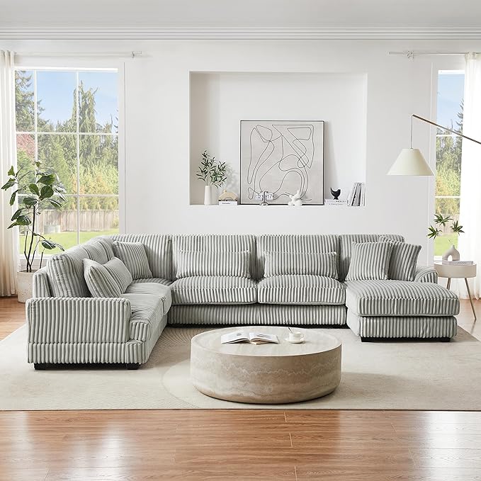 129" Oversized U Shaped Modular Sectional Sofa Couch for Living Room 7 Seater Plush Corduroy Upholstered Large Sofa Deep Seat Cloud Couch with Extra Wide Chaise Lounge and Detachable Thick Cushions