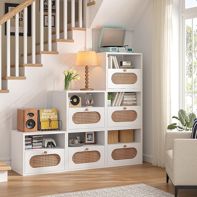 3-in-1 Modular TV Stand with Rattan Doors, DIY Media Console Boho Entertainment Center Modern TV Cabinet with Open Shelves,White