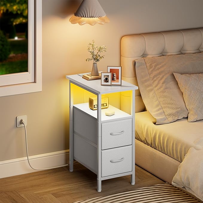 Vagusicc Set of 2 White Nightstand with Charging Station and LED Lights, Narrow Side Table, LED Night Stand with 2 Fabric Drawers, Bedside Table Small End Table, Tall Nightstand for Bedroom, White