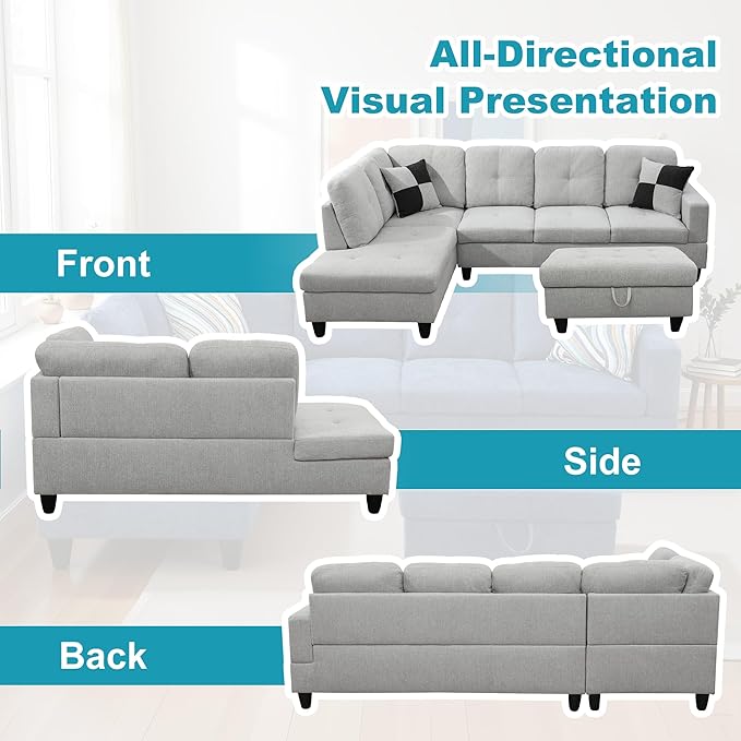 L Shaped Couch Modern Sectional Couch Upholstered Flannel Fabric 3 Pieces Sofas for Living Room with Chaise, Storage Ottoman for Office and Small Apartment, Light Grey