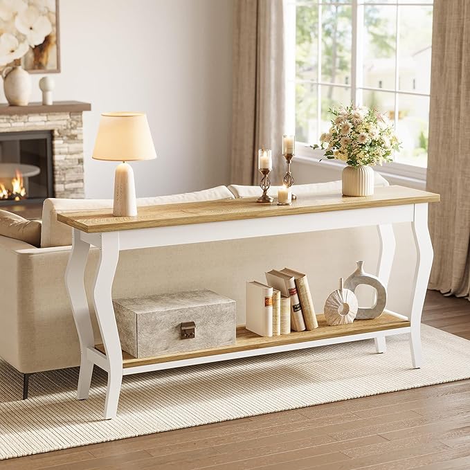 LITTLE TREE 70.9 Inches Long Console Table, 2-Tier Vintage Wooden Sofa Table Behind The Couch with Metal Legs for Hallway, Entryway, Living Room, White & Light Oak