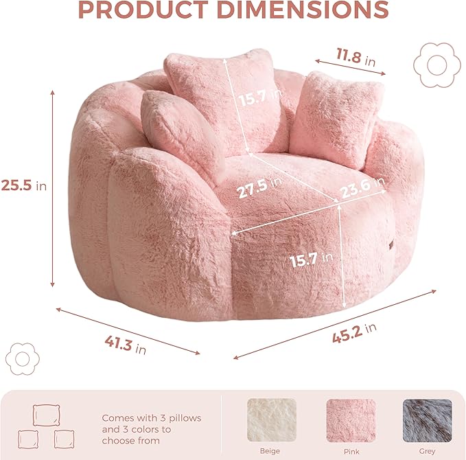 MAXYOYO Bean Bag Chair with 3 Pillows, Oversized Floral Shaped Bean Bag Sofa for Adults, Ultra Soft Faux Fur Floor Sofa, Large Stuffed Reading Chair for Living Room Bedroom, Pink