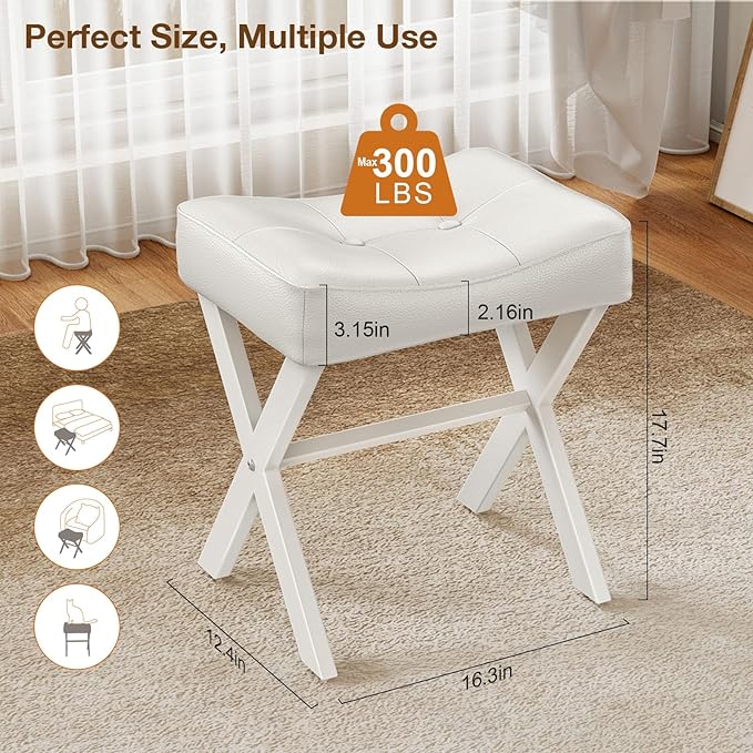 18-Inch Leather Vanity Stool Chair, Vanity Bench with Metal X-Leg, Ottoman Foot Stool with Thick Padded Saddle Seat, White