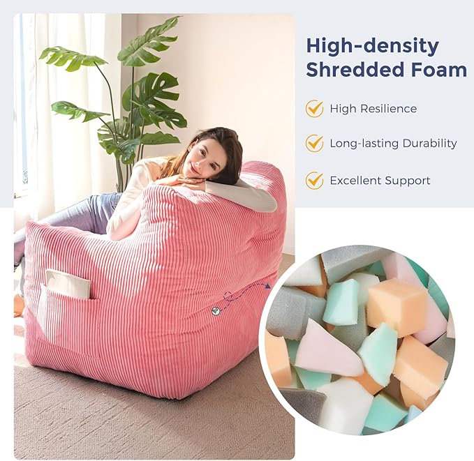 MAXYOYO Bean Bag Chair, Tufted Bean Bag Couch Lazy Chair, Living Room Sofa Couch with Filler for Adult Teens Kids, Corded Fabric Accent Sofa for Bedroom Dorm, Pink