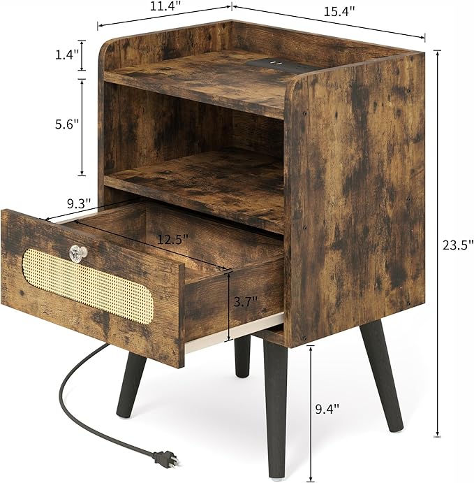 Nightstands/Beside Table Set of 2 with Charging Station, End Table with Diamond Handle and Rattan-Style Drawer, Rustic Brown