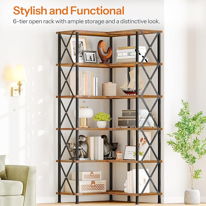HOOBRO Corner Bookshelf, 6-Tier L-Shaped Bookcase, Industrial Open Display Shelf Tall Storage Organizer, Vertical Storage Rack, for Living Room, Home Office, Rustic Brown and Black BF61SJ01
