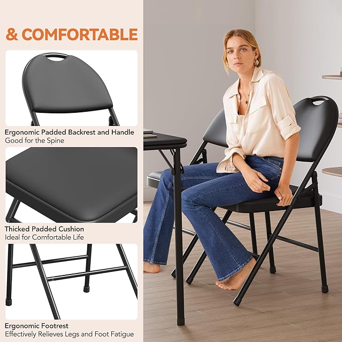 GarveeHome 2 Pack Folding Chairs with PU Leather Padded Cushion and Back, Metal Foldable Chair for Indoor Outdoor, Commercial Stackable Guest Chairs for Camping, Dining Room, Office, Party, Black