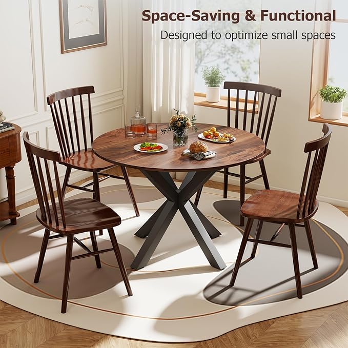 Round Dining Table, 42" Kitchen Dining Table for 4-6, Small Round Table with Metal Cross Legs, Modern Round Dining Room Table for Kitchen, Apartment, Living Room, Brown