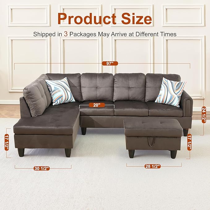 Osparple L Shaped Couch Sectional Couches for Living Room Upholstered Flannel 3 Pieces Modular Sectional Sofa with Chaise, Ottoman with Storage for Living Room and Small Apartment, Dark Brown