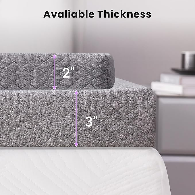 SINWEEK 3 Inch Gel Memory Foam Mattress Topper Twin XL Size for College Dorm, Dorm, Ventilated High Density Pad for Back Pain, Bed Topper with Removable Soft Cover, CertiPUR-US Certified,Grey