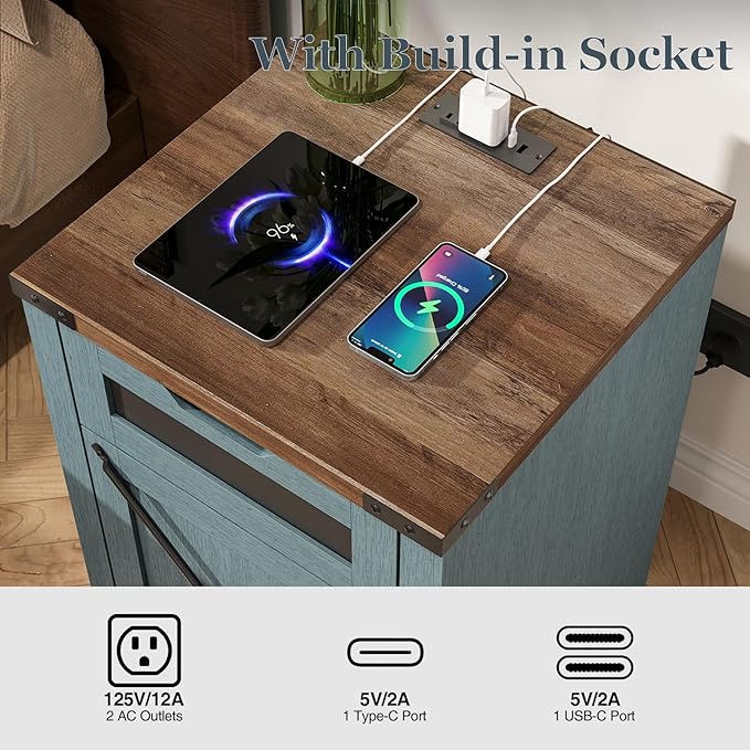 Farmhouse End Table Set of 2 with Charging Station, 26.4" Tall Rustic Nightstand with Drawer and X Barn Door, Country Bedside Sofa Side Table for Living Room, Blue