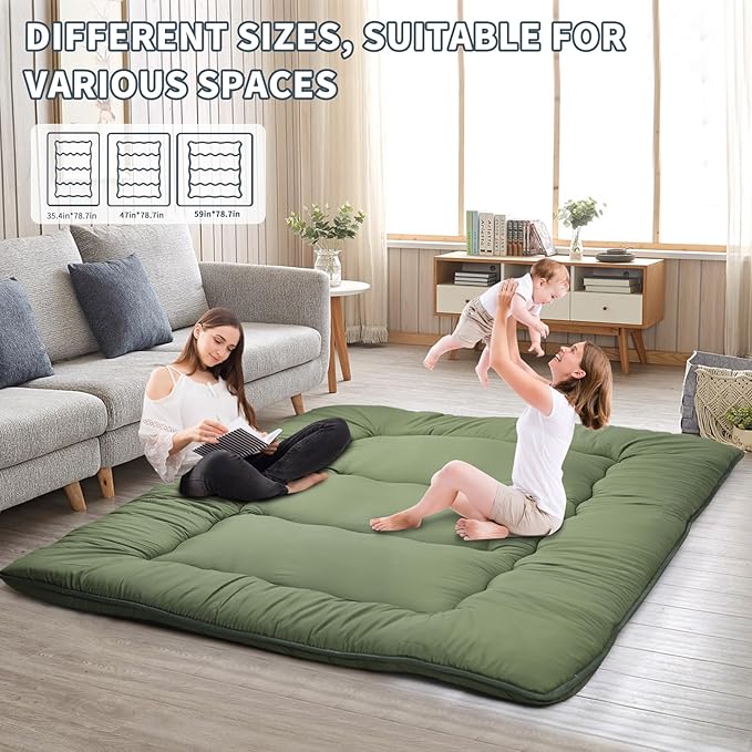 Japanese Floor Mattress,4" Thicken Japanese Floor Sleeping Pad Foldable,Futon Mattress Suitable for Camping and Guest Room (Green, Full (80" X 47"))