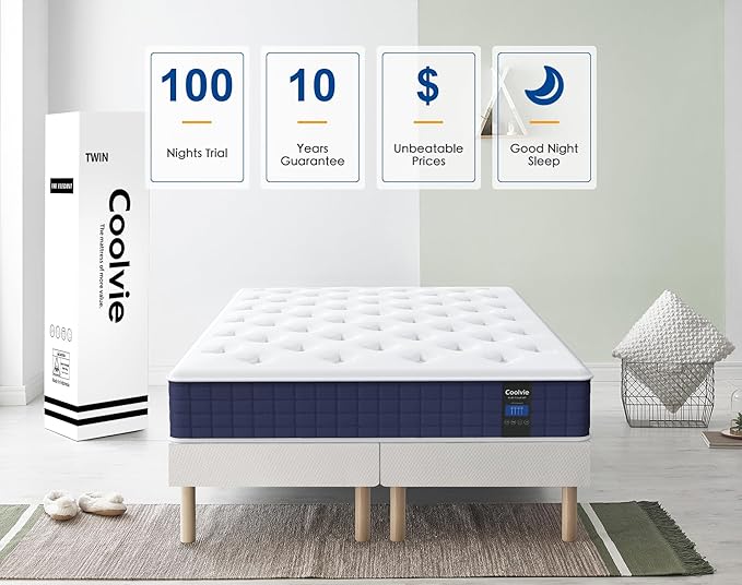 Coolvie Queen Mattress, 10 Inch Hybrid Mattress Queen Size, Individual Pocket Springs with Memory Foam, Bed in a Box, Cooler Sleep with Pressure Relief and Support