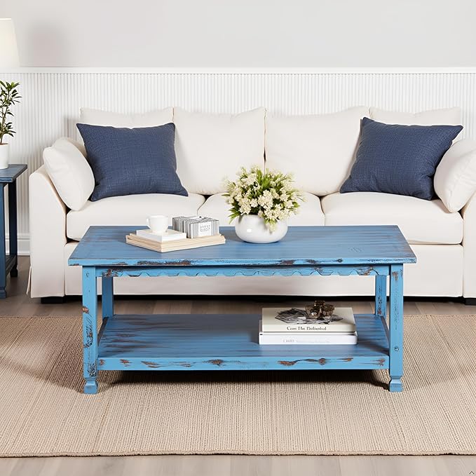 Rustic Rectangular Coffee Table, 42 in. W x 24 in. D x 18 in. H, Living Room Blue Antique, W/ (1) 36 in. W x 18 in. D x 10 in. H Shelf, Farmhouse/Cottage Style, Select Hardwood/Construction