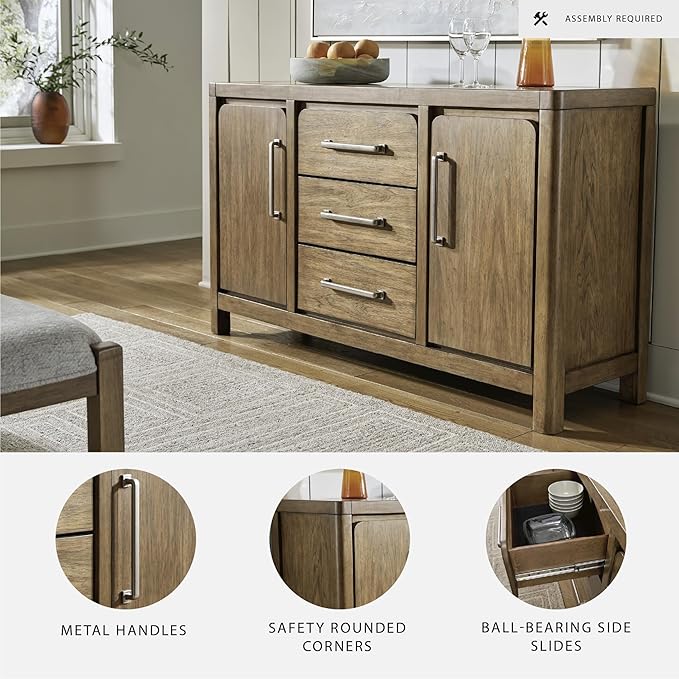 Signature Design by Ashley Cabalynn Farmhouse Glazed 2-Door Dining Server with Adjustable Shelves and 3 Drawers, Light Brown