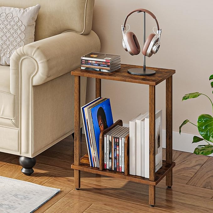 HOOBRO Record Player Stand, 2-Tier End Table, Vinyl Record Turntable Stand with Storage up to 100 Albums, Small Side Table for Living Room, Bedroom, Rustic Brown, FG05RS01