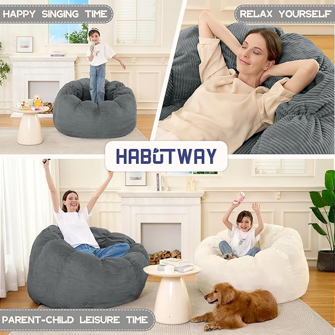 HABUTWAY Giant Bean Bag Chair for Adults/Kids/Teens, Pumpkin Bean Bag Couch Comfy Reading Chair for Bedroom, Corduroy Lazy Sofa Loughe Chair with Wider Seat Depth & Non-Slip Bottom(Dark Grey)