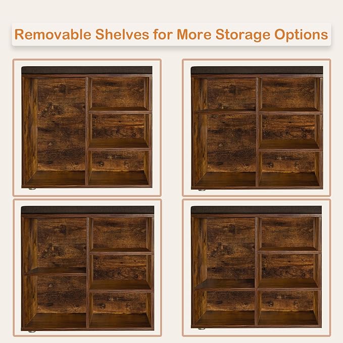 DINZI LVJ Shoe Bench, Entryway Storage Bench with Drawer and 8 Cubbies, Cubby Shoe Rack with Adjustable Shelves, Shoe Organizer Cabinet for Living Room, Bedroom, Mudroom and Garage, Rustic Brown