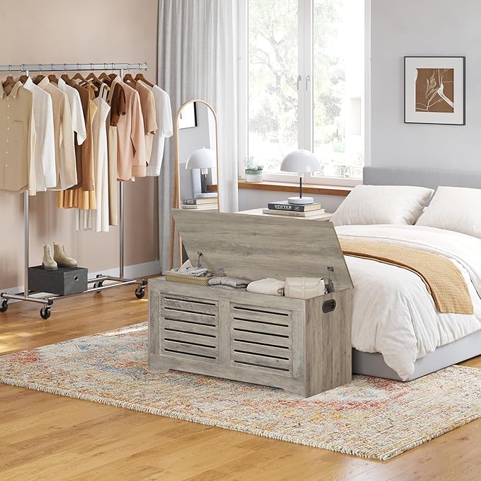 DINZI LVJ Storage Chest, 39.4”Wooden Toy Box with 2 Safety Hinges, Retro Entryway Shoe Storage Bench with Flip-Top, Sturdy Large Storage Trunk for Living Room, Bedroom, Easy Assembly, Gray Wash