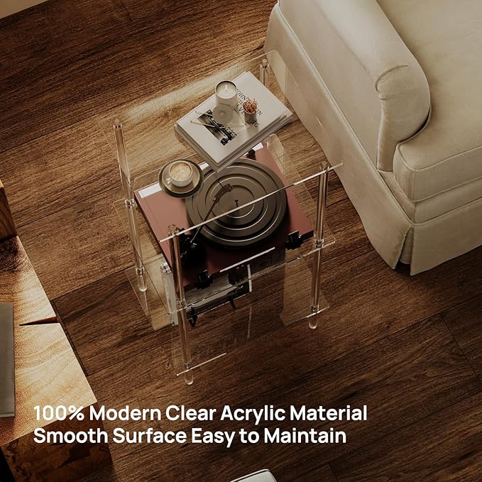 HMYHUM Acrylic Record Player Stand, Turntable Stand with Vinyl Record Storage, Tall Side Table/End Table for Living Room, Bedroom, 3-Tier, Modern, 15.7" L x 11.8" W x 30.8" H, Clear