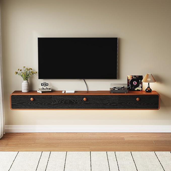 Minimalist 70'' Floating TV Stand with 3 Doors,Solid Wood Wall Mounted TV Console,Floating Entertainment Center with Hidden Storage,Curved Round Edges,Natural Wood Finish(Walnut)