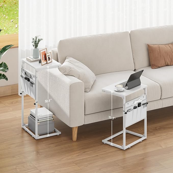 Vagusicc C Shaped End Table, Set of 2 Tall Side Table for Couch, Adjustable Height Small Couch Side Table for Small Spaces, End Table Slide Under Sofa Table TV Tray Arm Table for Living Room, White