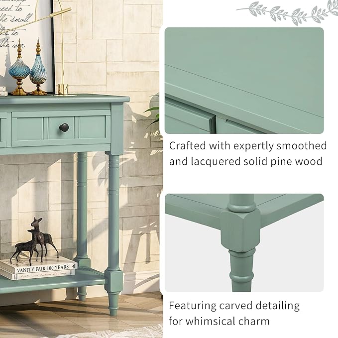 Merax Wood Farmhouse Entry Way Hallway Console Table with Drawers and Bottom Shelf Narrow Blue