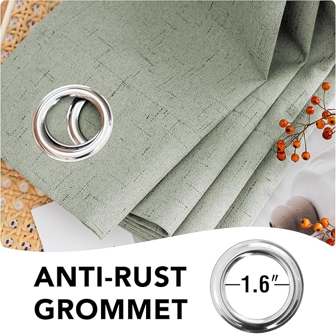 H.VERSAILTEX Linen Blackout Curtains 54 Inches Long 100% Absolutely Blackout Thermal Insulated Textured Linen Look Curtain Draperies Anti-Rust Grommet, Energy Saving with White Liner, 2 Panels, Sage