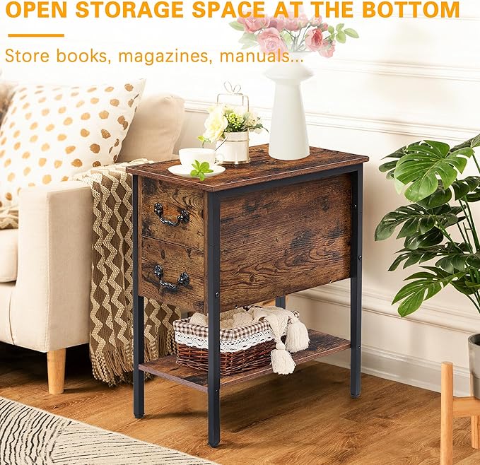 VECELO End Tables,Narrow Nightstand with Drawers and Storage Shelf,Modern Night Stand for Small Spaces, Living Room,Bedroom