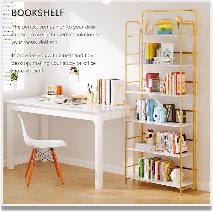4NM No Assembly Folding Bookshelf 6 Tiers Vintage Industrial Gold Book Shelf Metal Foldable Storage Bookcase and Bookshelves for Living Room,Bedroom and Kitchen - White and Gold