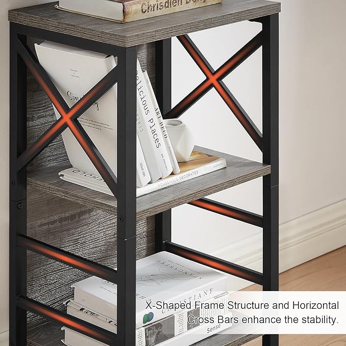 Small Bookcase,3 Tier Industrial Bookshelf with Metal Frame and Backboard,Low Grey Book Shelf,Book case for Small Spaces,Living Room,Bedroom and Home Office