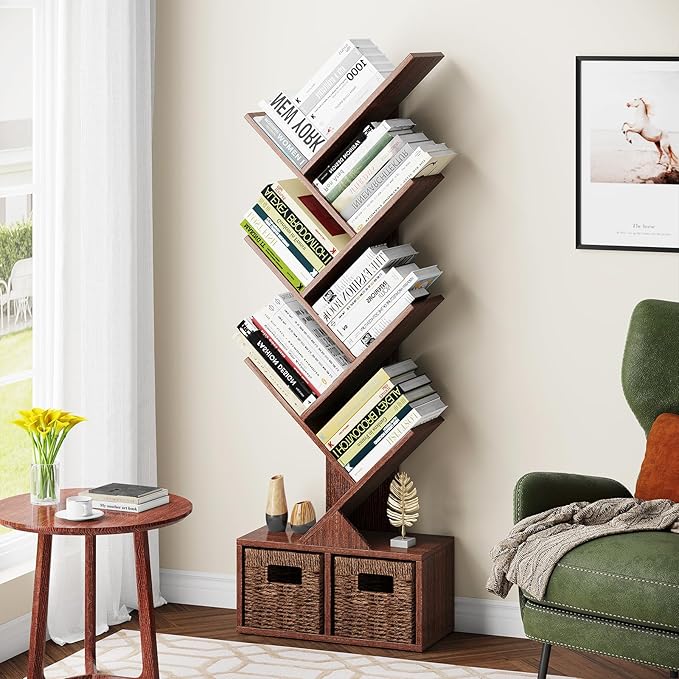 Vagusicc Tree Bookshelf, 6 Tier Bookshelf with Storage, Tall Narrow Bookcase, Rustic Wood Book Storage Rack for CDs/Books, Small Book Organizer Shelves for Bedroom Living Room, Home Office, Brown