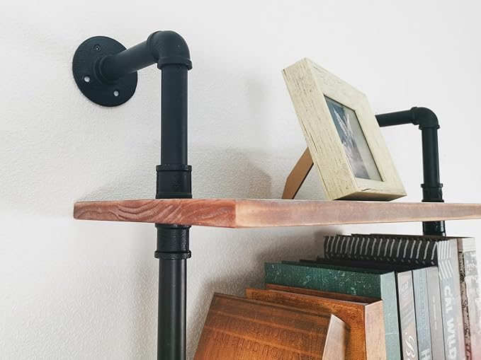 Industrial Ladder Pipe Shelves, Wall Mounted Rustic Bookshelf, Retro Metal Wood Bookcases (Weathered Brown, 6 Tier - 10" D x 24" W x 82.5" H)