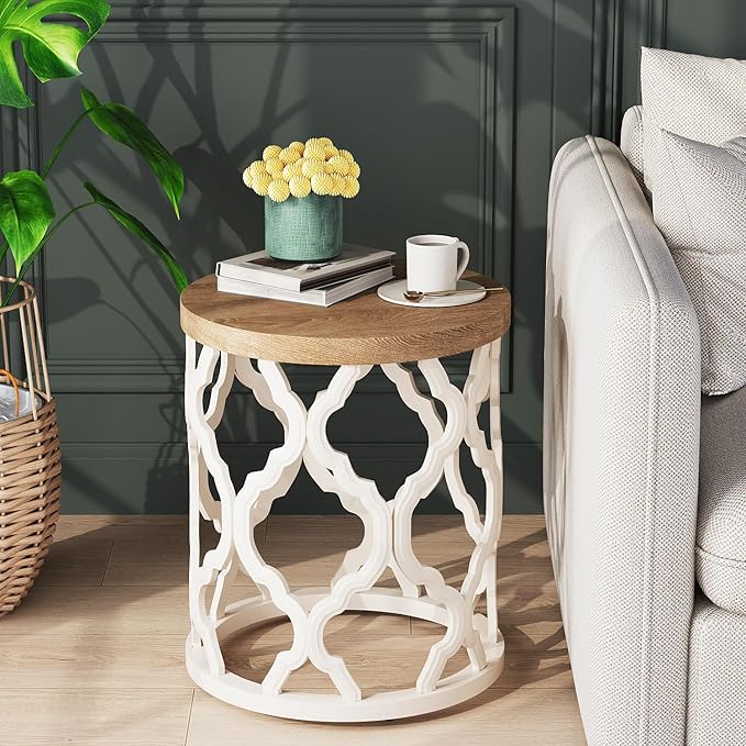 Farmhouse End Table, 18.5'' French Country Round Side Table, Wood Top Side Table with Curved Motif Frame Base for Boho, End Tables Living Room, Bedroom, Small Space, Easy Assembly