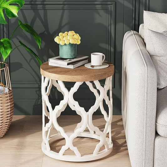 Farmhouse End Table, 18.5'' French Country Round Side Table, Wood Top Side Table with Curved Motif Frame Base for Boho, End Tables Living Room, Bedroom, Small Space, Easy Assembly