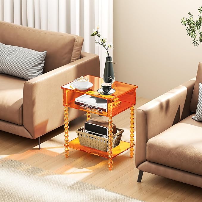 Acrylic Side Table, Clear 3-Tier End Table with Storage, Nightstand for Living Room, Bedroom, Office (Orange, 11.8 ×15.7 × 19.7)