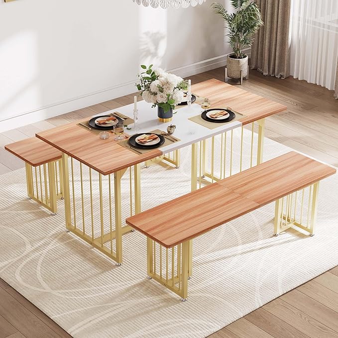 DWVO 3-Piece Dining Table Set for 6-8 People 63" Kitchen Table with 2 Benches Rectangular Farmhouse Dining Room Table Set for Home Kitchen Restaurant Apartment Walnut