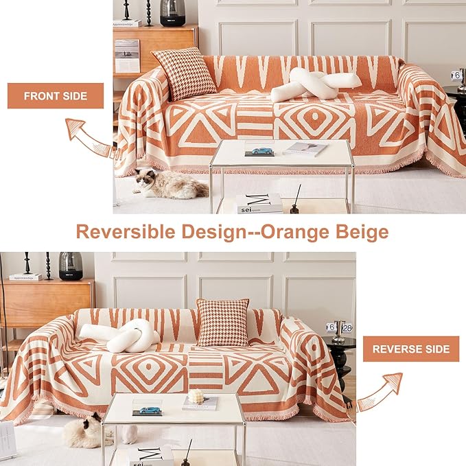 STACYPIK Reversible Caramel Sofa Cover Boho Triangle Couch Covers Non Slip Multi-use Furniture Protector for 2 Cushion Couch Jacquard Sofa Slipcovers Loveseat Couch Cover for Dog Pet-Friendly-71X118IN