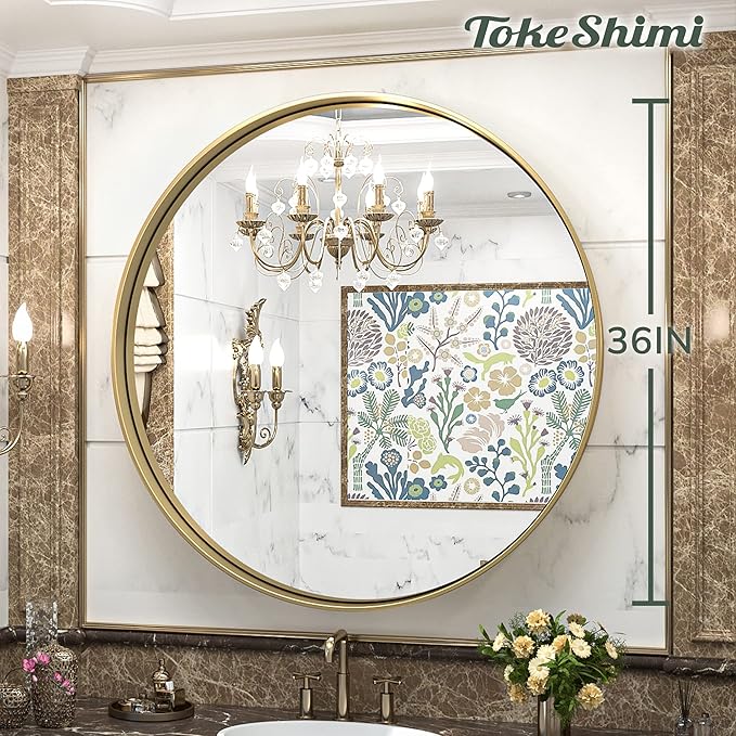 TokeShimi Round Gold Mirror 36 Inch Round Bathroom Mirror for Wall with Non-Rusting Aluminum Alloy Brushed Gold Matte Metal Frame Modern Circle Mirror Fit in Minimalist Multi Style Home Decor