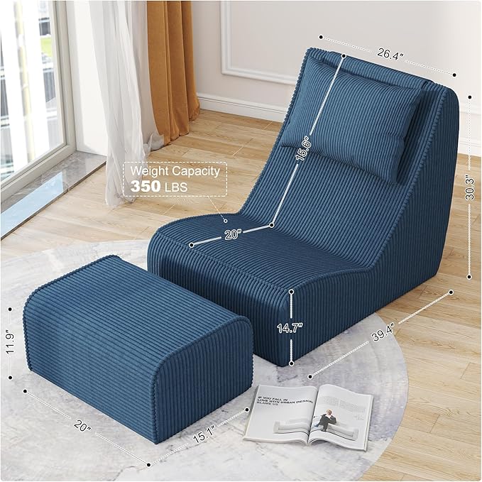 Giant Bean Bag Chair for Adults,Corduroy Chaise Lounge with Unrivaled Back Support, Detachable Neck Pillow, Comfortable Ottoman & Washable Cover for Living Room, Bedroom, Garden (Royal Blue)