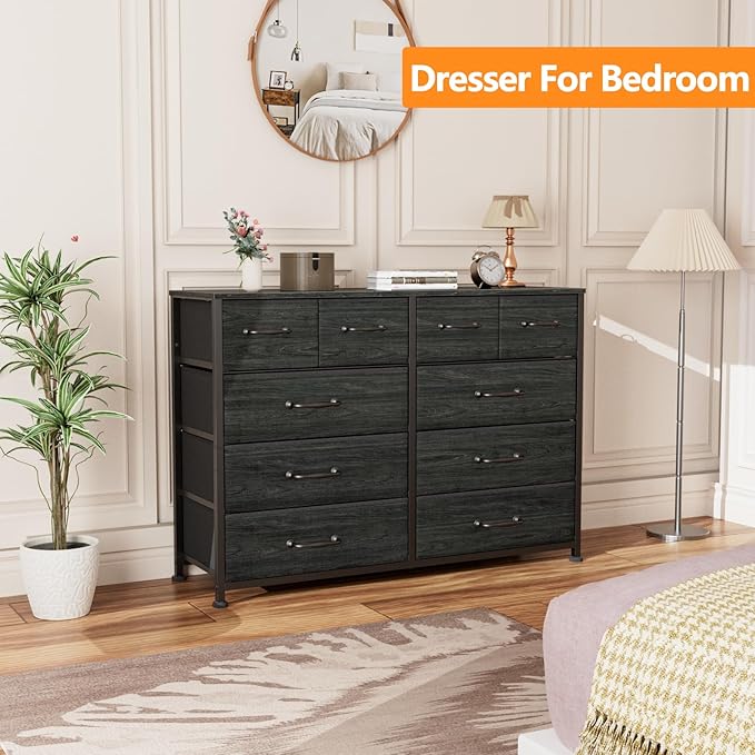 Furnulem Bedroom Dresser for 55”Long TV Stand Entertainment Center Dressers & Chests of Drawers,10 Storage Fabric Drawer, Sturdy Metal Frame Tall Storage Cabinet for Living Room, Entryway, Black Oak
