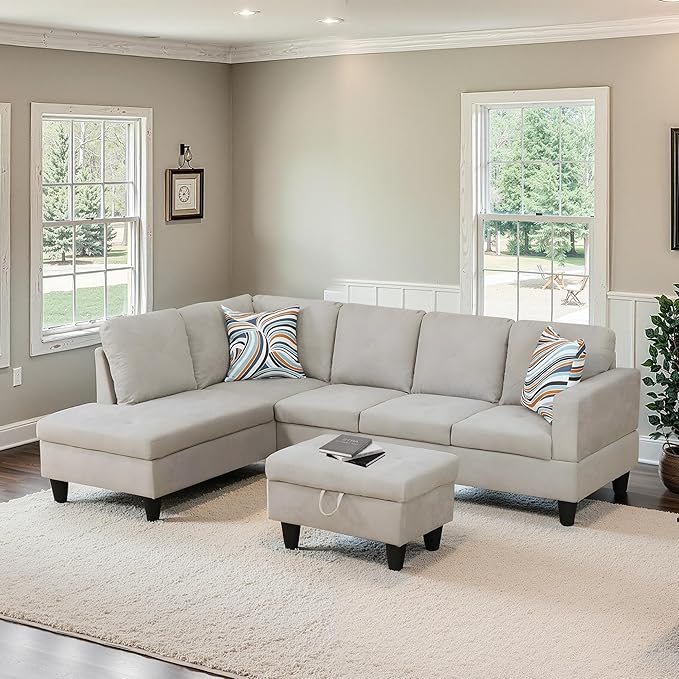 NicBex Sectional Couch 3 Pieces Sofa Set with Right Chaise Flannel L Shaped Cloud Couch for Living Room Furniture Sets with Storage Ottoman, Modular Sofa for Living Room & Apartment, Off-White