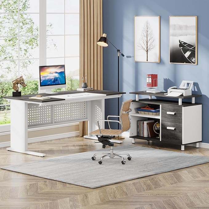 Tribesigns 63 Inch Executive Desk with File Cabinet, L Shaped Office Desk with Drawers and Storage Shelves, Business Furniture Set Workstation for Home Office, Gray and White
