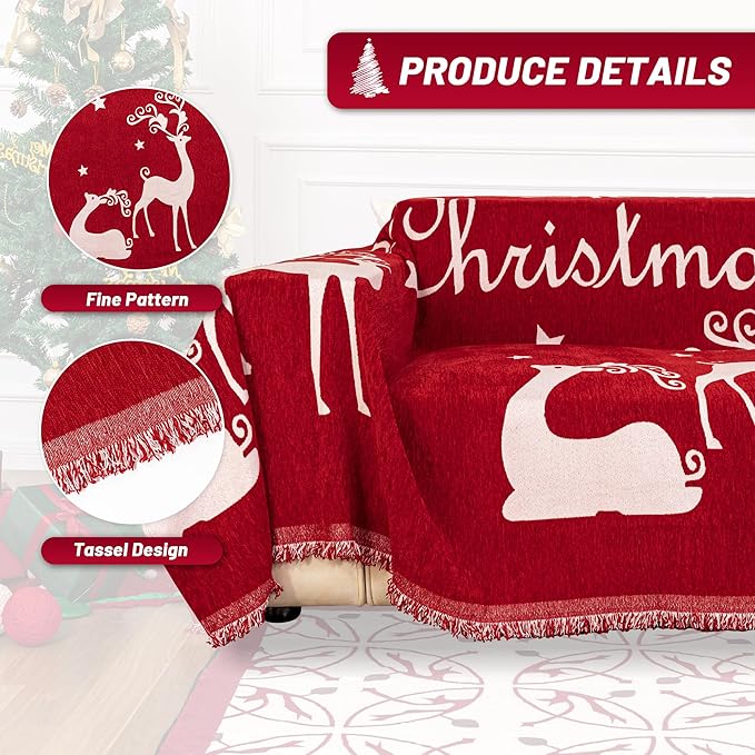 MYSKY HOME Christmas Couch Cover for Sofa Couch Covers for Pets, Non Slip Dogs Furniture Protector with Tassels for Living Room Non Slip Washable Furniture Protector Cover for Pet, Cat, 71"x118", Red