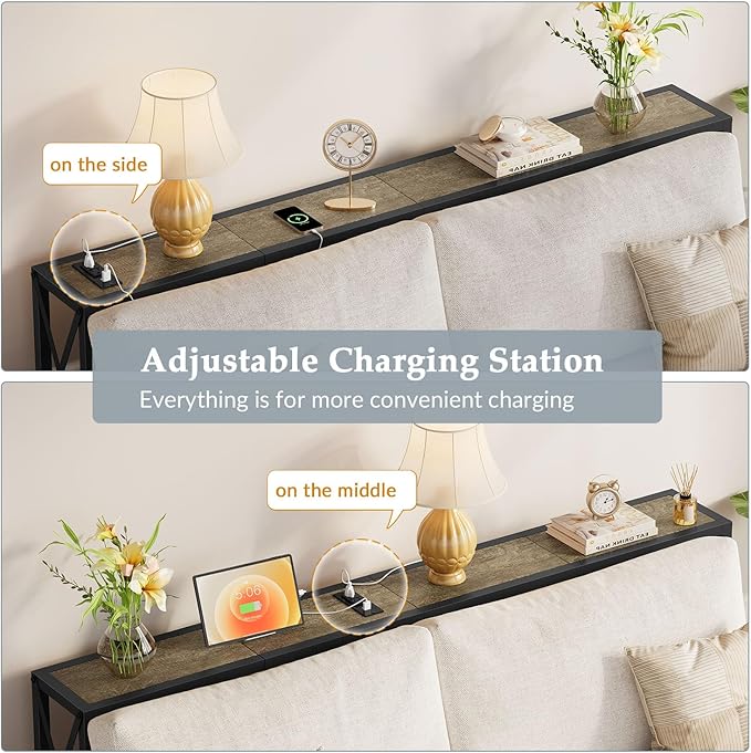 Sofa Table with Oulets and USB Ports, 55.1" Couch Table Behind Sofa, Industrial Long Skinny Stand for Hallway, Living Room, Bedroom, 6.5 Feet Power Cord