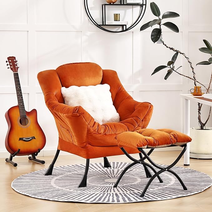 Lazy Chair with Ottoman, Comfy Reading Chair with Footstool & Throw Pillow Modern Lounge Accent Chair with Armrests & Side Pocket for Living Room, Bedroom, Dorm Room, Office