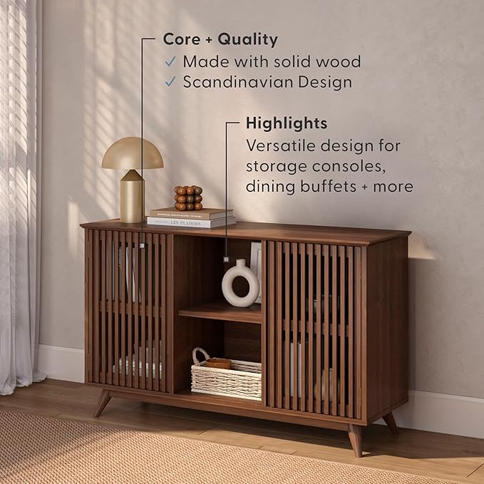 Plank+Beam Mid-Century Modern Wood TV Stand, Solid Wood Entertainment Console with Storage, 49" L x 16" W x 30" H, Walnut