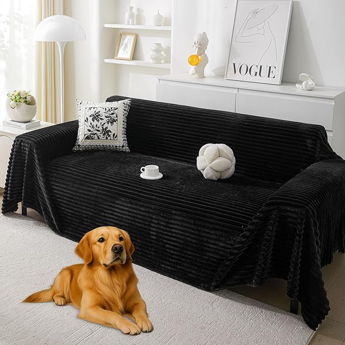 HAOMAIJIA Faux Fur Sofa Covers Couch Covers for 3 Cushion Couch Sofa Pet Friendly Soft Non Slip Couch Cover for Dogs Washable Sectional Couch Covers L Shape Furniture Protector (Black, 71"x134")