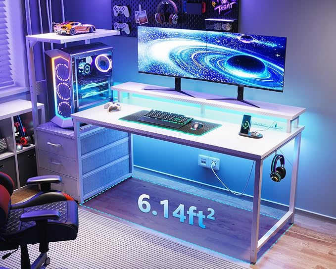 AODK 59 Inch Gaming Desk with USB Charging Ports & LED Light- Reversible Computer Desk with Storage Shelves & Monitor Stand, Modern Gamer Desk Table with Fabric Drawers & Side Hook, Carbon Fiber White