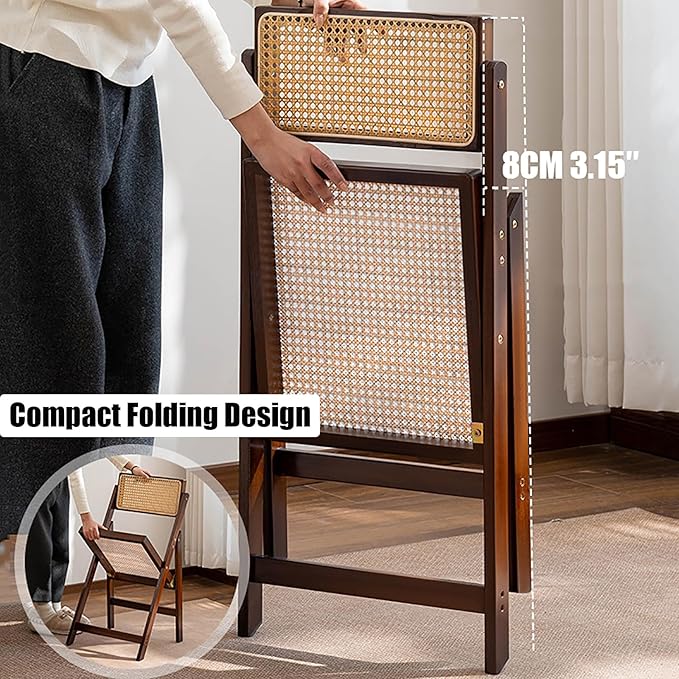 KISKIS Wooden Rattan Folding Chairs Portable Save Space Kitchen Dining Chair for Balcony Living Room, with Mesh Elastic Seat and Curved Back, 400LBS,1 Pack